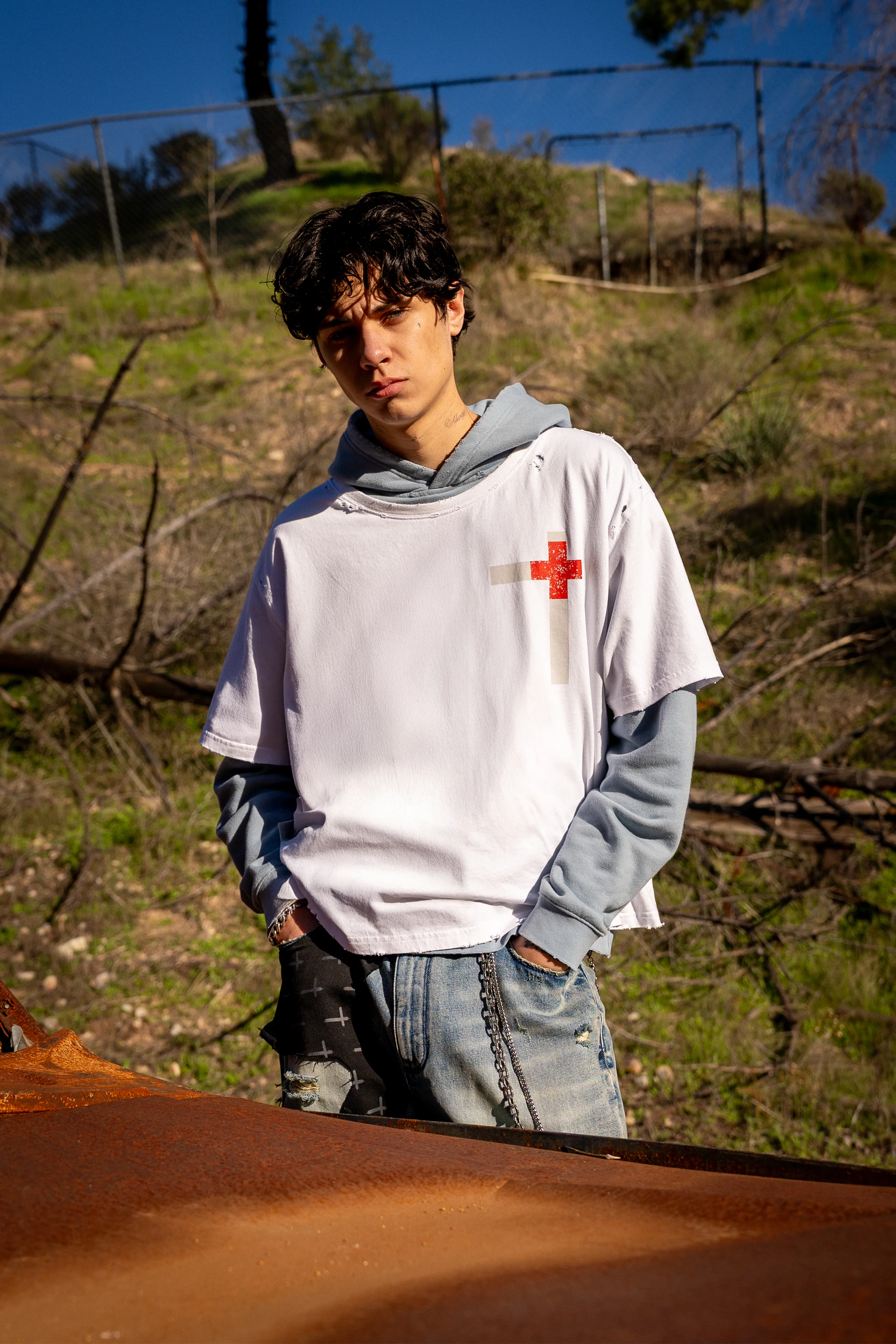 ORIEN LAYERED DISTRESSED HOODIE | DUSTLIGHT BLUE - Image 5